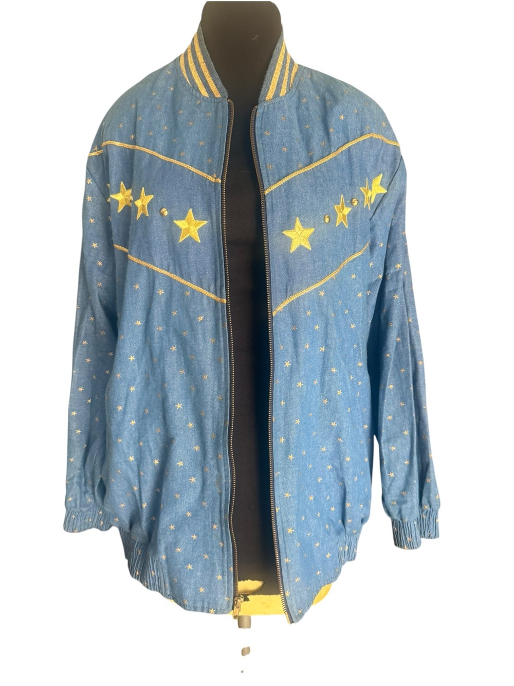 Vintage 80s Denim Star Bomber Jacket Gold Celestial Western Relaxed Size Large